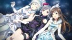  3girls absurdres anastasia_(idolmaster) bare_shoulders brown_eyes brown_hair closed_eyes dress drill_hair elbow_gloves gloves highres idolmaster idolmaster_cinderella_girls kanzaki_ranko long_hair multiple_girls nitta_minami open_mouth pure_white_memories red_eyes rosenburg_engel short_hair silver_hair smile twin_drills twintails yuuki_tatsuya 