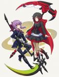  2girls boots bow bullet character_request gradient_hair grey_eyes hair_bow hiiragi_shinoa iesupa multicolored_hair multiple_girls owari_no_seraph purple_hair ruby_rose rwby scythe skirt smile weapon_connection 