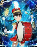 1girl bass_drum black_hair drum elbow_gloves epaulettes eyepatch gloves hat instrument long_hair marching_band musical_note sakamoto_mio shako_cap smile staff_(music) strike_witches swimsuit swimsuit_under_clothes uniform yellow_eyes 