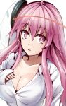  1girl alternate_costume breasts cleavage dress_shirt expressionless hata_no_kokoro highres large_breasts long_hair long_sleeves looking_at_viewer naked_shirt pink_eyes pink_hair shirt simple_background sketch solo touhou upper_body y2 