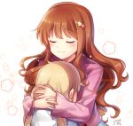  2girls :3 brown_hair closed_eyes futaba_anzu hair_ornament hug idolmaster idolmaster_cinderella_girls long_hair moroboshi_kirari multiple_girls smile songmil 