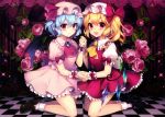  2girls absurdres ascot bat_wings blonde_hair blue_hair blush checkered checkered_floor crystal fang flandre_scarlet flower full_body hat hat_ribbon highres holding_hands huge_filesize kneeling looking_at_viewer mary_janes masaru.jp mob_cap multiple_girls open_mouth pointy_ears puffy_sleeves red_eyes remilia_scarlet ribbon rose scan shirt shoes short_hair short_sleeves siblings side_ponytail sisters skirt skirt_set smile socks sparkle touhou vest white_legwear wings wrist_cuffs 