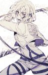  1girl blood dual_wielding glasses monochrome rico_brzenska shingeki_no_kyojin solo sword weapon 