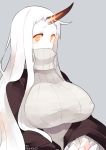 1girl breasts claws commentary_request covered_mouth dress horn kantai_collection large_breasts long_hair pale_skin red_eyes seaport_hime shinkaisei-kan simple_background solo sweater sweater_dress very_long_hair white_hair white_skin yuzuki_gao 