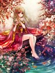  1girl barefoot blonde_hair braid brown_eyes fairy_tail fish flower hair_flower hair_ornament highres japanese_clothes leonstar long_hair looking_at_viewer lucy_heartfilia outdoors solo water 