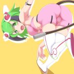  1girl android arm_strap ass bent_over bike_shorts black_hair boots breasts dimension_w green_eyes green_hair headgear katuhata large_breasts looking_at_viewer multicolored_hair open_mouth short_hair simple_background solo streaked_hair tail thigh-highs two-tone_hair yurizaki_mira 