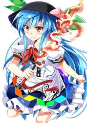  &gt;:) 1girl blue_hair blush collared_shirt dress_shirt e.o. fire food food_on_head fruit fruit_on_head hat highres hinanawi_tenshi layered_dress long_hair object_on_head peach red_eyes shirt smirk solo sword_of_hisou touhou tsurime very_long_hair 