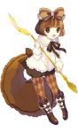  1girl animal_ears argyle argyle_legwear bangs blunt_bangs bob_cut boots bow brown brown_boots brown_bow brown_eyes brown_hair brown_legwear brown_ribbon brown_shorts chipmunk_tail chokyuruiyu_(show_by_rock!!) eyebrows eyebrows_visible_through_hair fork frills full_body gem hair_bow highres himaya holding_fork long_sleeves looking_at_viewer neck_ribbon open_mouth oversized_object ribbon short_hair show_by_rock!! simple_background sleeves_folded_up solo squirrel_ears squirrel_tail standing striped striped_bow tail white_background white_blouse white_bow 