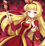  1girl bag blonde_hair bracelet cowboy_shot crown dress hairband handbag highres jewelry kobeni long_hair looking_at_viewer mini_crown necklace otoca_doll red red_background red_dress red_eyes ring ruby_(stone) scepter smile solo waste_(otoca_doll) 