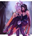  1boy 1girl alternate_costume animal_ears battle_bunny_riven broken broken_sword broken_weapon bunnysuit carrying covering_face fake_animal_ears folded_ponytail highres league_of_legends pantyhose princess_carry rabbit_ears red_eyes riven_(league_of_legends) short_hair single_glove sword talon_(league_of_legends) weapon white_hair yosuki_(yo_sukan) 