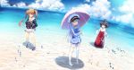  3girls artist_request hat highres japanese_clothes long_hair miko multiple_girls school_uniform short_hair twintails umbrella 
