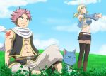  1boy 1girl black_legwear black_skirt blonde_hair bluesnowcat breasts brown_eyes cleavage fairy_tail grass hair_ornament happy lucy_heartfilia natsu_dragneel navel outdoors pink_hair short_hair skirt spiky_hair 