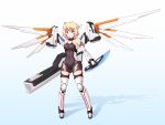  &gt;:&gt; 1girl :&gt; bare_shoulders blade blonde_hair blue_eyes blush boots clothes_writing energy_cannon full_body headgear highres hurapan mecha_musume mechanical_wings original robot_ears robot_joints shadow short_hair single_hair_intake skin_tight solo thigh-highs thigh_boots white_background wings 
