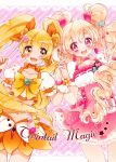  2girls :d blonde_hair blush bow brooch choker corset cowboy_shot crop_top cure_peach cure_sunshine earrings flower fresh_precure! hair_bow hair_flower hair_ornament hands_together heart_hair_ornament heartcatch_precure! jewelry long_hair looking_at_viewer magical_girl midriff momozono_love multiple_girls myoudouin_itsuki navel open_mouth orange_bow orange_skirt pink_background pink_eyes pink_skirt precure skirt smile striped striped_background twintails uzuki_aki wand wrist_cuffs yellow_bow yellow_eyes 