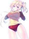  1girl ass_visible_through_thighs backlighting bangs blonde_hair blouse blush breasts buruma impossible_clothes kawakami_mai large_breasts long_hair looking_at_viewer mole mole_under_eye musaigen_no_phantom_world side_ponytail simple_background solo touwa_nikuman violet_eyes white_background 