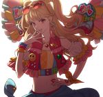  1girl aikatsu! blonde_hair bracelet jewelry long_hair looking_at_viewer midriff natsuki_mikuru navel necklace red_eyes simple_background sunglasses sunglasses_on_head two_side_up 