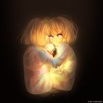  androgynous artist_name black_background brown_hair chara_(undertale) closed_eyes constricted_pupils crying crying_with_eyes_open dripping frisk_(undertale) glowing hands_on_another&#039;s_cheeks hands_on_another&#039;s_face heart highres ozumii red_eyes shirt simple_background sparkle spoilers striped striped_shirt tagme tears undertale upper_body 