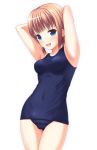  1girl arms_up blonde_hair blue_eyes kk-sk-ray old_school_swimsuit original short_hair simple_background solo 