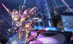  1girl albino ass_visible_through_thighs belt black_gloves blurry breasts building city covered_navel depth_of_field dutch_angle fingerless_gloves from_above gloves glowing glowing_sword glowing_weapon headgear helipad holding_sword holding_weapon long_hair looking_at_viewer machinery mecha_musume night night_sky original outdoors outstretched_arms red_eyes rooftop searchlights sideboob signature sky skyscraper sleeveless solo standing_on_one_leg sword thigh-highs very_long_hair wangchuan_de_quanyan weapon white_hair 