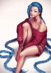  1girl absurdly_long_hair bare_shoulders barefoot biting blue_hair braid christmas flat_chest highres jinx_(league_of_legends) league_of_legends legs lip_biting long_hair looking_at_viewer off-shoulder_shirt oopartz_yang pink_eyes revision shirt smile solo sweater thighs twin_braids very_long_hair 