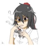  1girl bags_under_eyes black_hair cigarette commentary_request expressionless hat holding lighter open_mouth pointy_ears pom_pom_(clothes) question_mark red_eyes ru2n131 shameimaru_aya short_hair simple_background smoke smoking solo tagme tokin_hat touhou white_background 