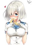  1girl 2016 bangs blue_eyes blush breast_suppress breasts buttons dated gloves hair_ornament hairclip hamakaze_(kantai_collection) heart kantai_collection large_breasts mouth_hold ribbon school_uniform serafuku short_sleeves signature silver_hair simple_background smile solo untied upper_body white_background white_gloves yatsu_(sasuraino) yellow_ribbon 