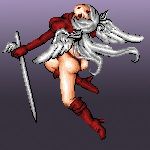  1girl angel_wings ass boots breasts final_fantasy final_fantasy_tactics full_body game_sprite gloves head_wings hikarikawa_natsuka leotard long_hair lowres pixel_art red_eyes silver_hair solo sword thigh-highs thigh_boots ultima_(fft) weapon white_hair wings 