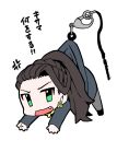  1girl angry ayakase_riberi black_hair chibi earrings executive_mishiro fang formal green_eyes idolmaster idolmaster_cinderella_girls jewelry keychain long_hair looking_at_viewer necklace open_mouth pantyhose parody ponytail skirt_suit solo suit translation_request 