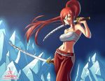  1girl armpits dual_wielding erza_scarlet fairy_tail holding_sword holding_weapon kami_mitsugu_(kamiken) katana long_hair looking_at_viewer navel outdoors ponytail redhead sitting solo sword tattoo wariza weapon yellow_eyes 