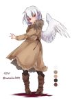  1girl alternate_costume black_legwear boots coat color_guide fishnets from_behind full_body kishin_sagume long_sleeves looking_at_viewer looking_back red_eyes short_hair silver_hair simple_background single_wing touhou toutenkou twitter_username white_background wings 