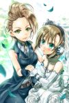  2girls :o belt blush breasts bridal_veil bride brown_hair chain collar crown detached_sleeves dress green_eyes headphones holding_hands idolmaster idolmaster_cinderella_girls isago_(lop) kimura_natsuki leaf multiple_girls open_mouth short_hair smile tada_riina veil vest wedding_dress wife_and_wife yuri 