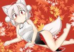  1girl alternate_costume animal_ears autumn_leaves bare_shoulders barefoot blush breasts chinese_clothes elu_butyo hat inubashiri_momiji leaf leaf_background looking_at_viewer pom_pom_(clothes) red_eyes silver_hair solo tail tokin_hat touhou wavy_mouth wolf_ears wolf_tail 