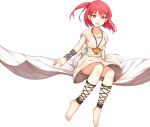  1girl ankle_lace-up barefoot bracelet chain choukoukou_no_diaosi cross-laced_footwear dress feet highres jewelry magi_the_labyrinth_of_magic morgiana red_eyes redhead simple_background smile toes white_dress 