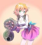  1girl bow breasts cleavage cleavage_cutout explosive gloves green_eyes grenade_launcher heart highres iesupa nora_valkyrie orange_hair rwby short_hair skirt smile solo weapon 