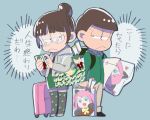  :&lt; backpack bag blue_background bowl_cut brown_hair cellphone choroko_(osomatsu-san) dakimakura_(object) f6 fujoshi glasses hair_bun itabag kneehighs kouyoshi matsuno_choromatsu osomatsu-kun osomatsu-san phone pillow polka_dot polka_dot_legwear poster_(object) simple_background smartphone suitcase translation_request 