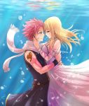  1boy 1girl blonde_hair breasts bubble closed_eyes dress earrings fairy_tail highres hug jewelry leonstar long_hair lucy_heartfilia natsu_dragneel pink_hair scarf short_hair sideboob smile spiky_hair tattoo underwater white_dress white_scarf 