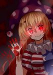  1girl american_flag_shirt blonde_hair blood bloody_hands clownpiece crazy_eyes glowing glowing_eyes gradient gradient_background hat highres jester_cap long_hair looking_at_viewer red_eyes sh_(562835932) short_sleeves smile solo star striped touhou upper_body 