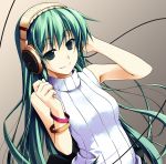  1girl green_eyes green_hair hand_on_headphones headphones highres long_hair original ribbed_sweater shikei sleeveless solo sweater 