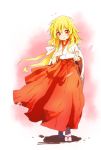  1girl alternate_costume blonde_hair cherry_blossoms commentary_request fate_testarossa geta hair_ribbon hakama highres japanese_clothes long_hair low-tied_long_hair lyrical_nanoha mahou_shoujo_lyrical_nanoha miko red_eyes ribbon ribbon_trim solo tabi twintails v white_ribbon 