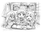  3girls cat dekitate_evo!_revo!_generation! funayama_yasuaki hanten_(clothes) honda_mio idolmaster idolmaster_cinderella_girls kotatsu long_hair monochrome multiple_girls old older shibuya_rin shimamura_uzuki short_hair table traditional_media translation_request 