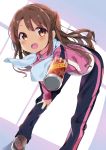  1girl :d bent_over blue_pants blush brown_eyes brown_hair chikuwa. dutch_angle energy_drink eyebrows eyebrows_visible_through_hair eyelashes hand_on_own_knee holding idolmaster idolmaster_cinderella_girls jacket long_hair long_sleeves looking_at_viewer open_mouth pants pink_jacket pov shimamura_uzuki shoelaces shoes smile sneakers soda_can solo standing sweatdrop towel towel_around_neck track_jacket track_pants zipper 