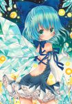  1girl adapted_costume asa1014 blue_eyes blue_hair bow cirno hair_bow ice ice_wings looking_back marker_(medium) sash solo touhou traditional_media wings 