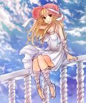  1girl blonde_hair breasts brown_eyes cleavage dress fairy_tail hat highres leonstar looking_at_viewer lucy_heartfilia outdoors ribbon smile solo sundress white_background white_ribbon 