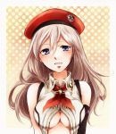  1girl alisa_ilinichina_amiella bare_shoulders black_gloves blue_eyes blush breasts cabbie_hat elbow_gloves fingerless_gloves gloves god_eater god_eater_2:_rage_burst hat long_hair looking_at_viewer no_bra open_mouth silver_hair simple_background smile solo under_boob white_hair 