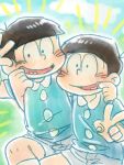  2boys black_hair brothers child green_background heart heart-shaped_pupils male_focus matching_outfit matsuno_choromatsu matsuno_osomatsu multiple_boys osomatsu-kun oto short_sleeves shorts siblings simple_background smile symbol-shaped_pupils v whisker_markings 