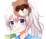  1girl blue_eyes charlotte_(anime) food food_on_face furirepu japanese_clothes kimono long_hair mask ponytail silver_hair tanuki tomori_nao yukata 