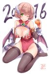  1girl 2016 bare_shoulders black_legwear breasts brown_hair cleavage demon_girl demon_horns demon_tail demon_wings detached_sleeves food fruit green_eyes hasu_(hk_works) highleg highleg_leotard horns large_breasts leotard long_sleeves looking_at_viewer mandarin_orange one_eye_closed original pointy_ears sitting smile solo succubus tail thigh-highs wariza wings 