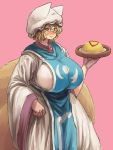  1girl blonde_hair blush breasts brown_eyes chanta_(ayatakaoisii) covered_nipples cowboy_shot dress food_request fox_tail hand_up hat highres huge_breasts long_sleeves looking_at_viewer multiple_tails pillow_hat purple_background short_hair simple_background slit_pupils smile solo tabard tail touhou tray white_dress wide_sleeves yakumo_ran 
