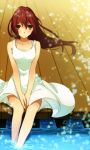  1girl brown_eyes brown_hair dress free! long_hair matsuoka_gou outdoors sitting solo strib_und_werde sundress white_dress 