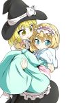  2girls alice_margatroid apron aqua_eyes ascot blonde_hair blush braid capelet carrying couple hairband hat highres hug kirisame_marisa kurukuruchocolate long_hair multiple_girls open_mouth princess_carry sash short_hair side_braid smile touhou waist_apron white_background witch_hat yellow_eyes yuri 